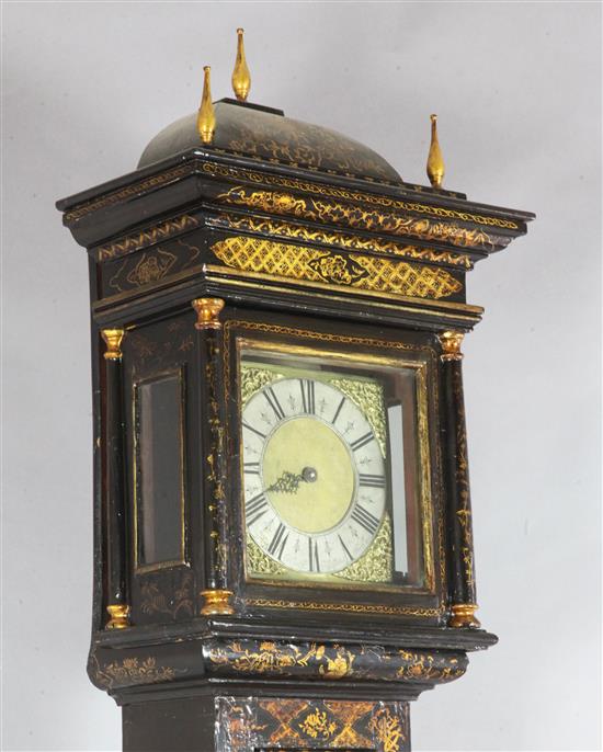 Humphrey Marsh of Highworth. An early 18th century chinoiserie lacquered thirty hour longcase clock, H.7ft 7in.